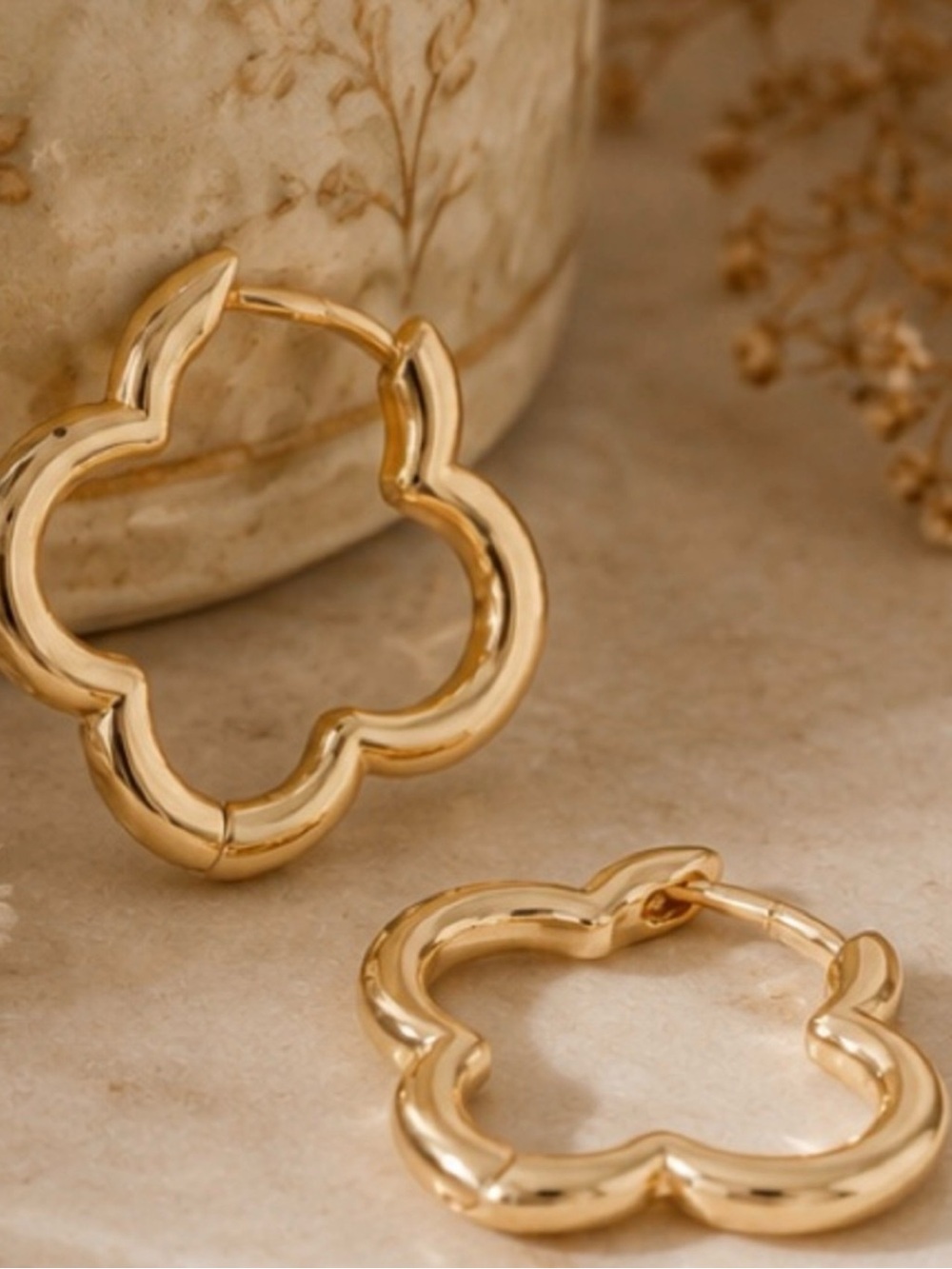 Designer Inspired Gold Flower-Shaped Hoop Earrings - Women Jewelry